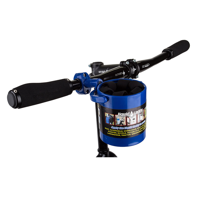 Liquid Caddy Cup & Drink Holder featuring a blue handlebar mount and container, designed for secure beverage holding with multiple mounting options.