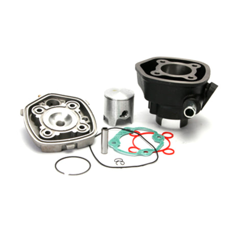 Close-up of Liquid Cooled 72cc Cylinder Kit for 50cc 1PE40QMB Minarelli Yamaha Jog Style Scooter Engines, featuring a silver metal cylinder head with a bridged exhaust port and a 10mm wrist pin.