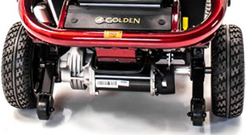 Rear Rectangular Logo Cap for the Golden LiteRider (GL110) mobility scooter, shown attached near the battery box, featuring the Golden logo on its black plastic surface.