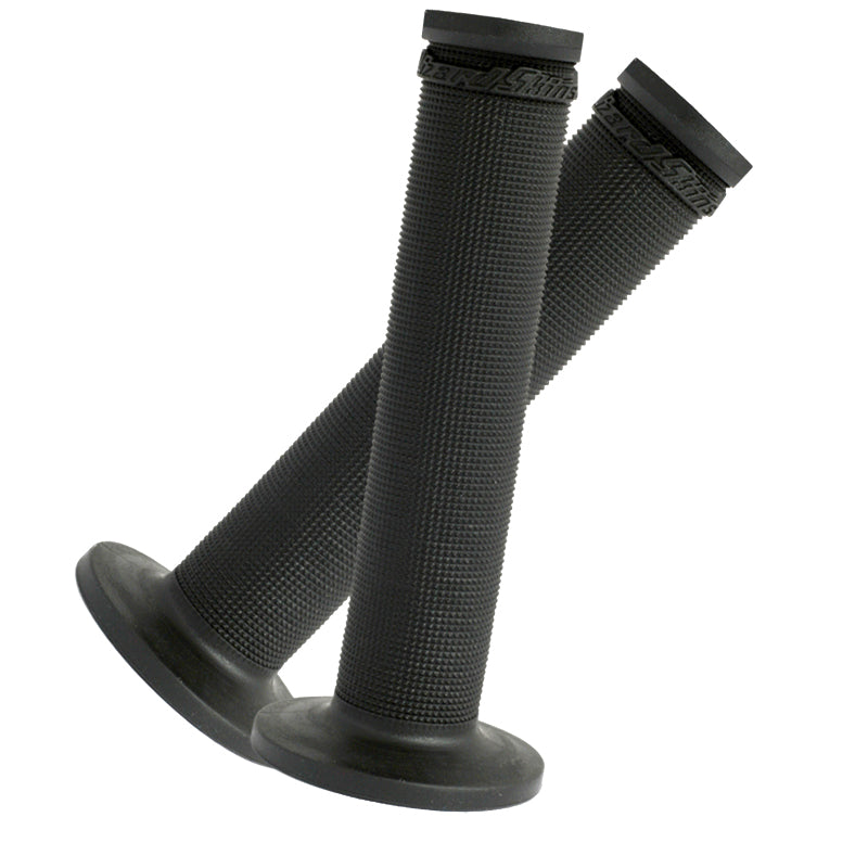 140 mm Aaron Chase Signature Grips for Bikes & Scooters, showcasing a pair of black handlebars with thin Elastomer rubber grips, designed for enhanced riding comfort and control.