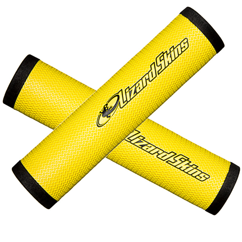 DSP 30.3 mm Grips for Bikes & Scooters feature yellow handlebars with black edges. These grips, made from DuraSoft Polymer, offer a soft, comfortable, and ultra-lightweight feel, ideal for medium-sized hands.