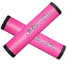 DSP 32.3 mm Grips for Bikes & Scooters featuring a pink and black design, offering a soft, cushioned feel with DuraSoft Polymer and feather-lite lock tape technology for ultimate comfort and lightweight performance.