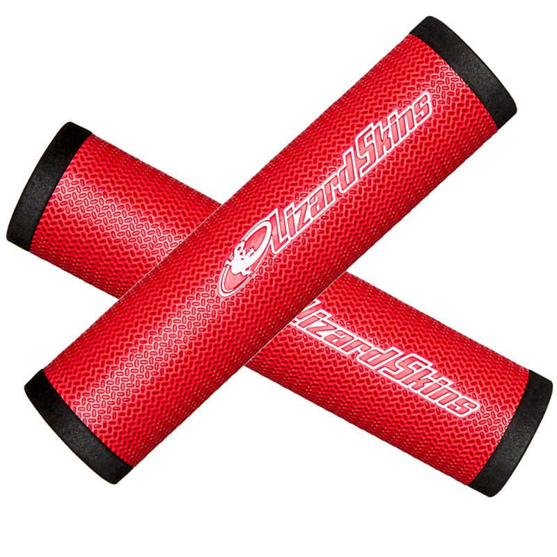 DSP 32.3 mm Grips for Bikes & Scooters, featuring a pair of red bicycle handlebars, providing a cushiony, soft, and ultra-lightweight grip for larger hands with innovative feather-lite lock tape technology.