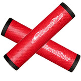 DSP 32.3 mm Grips for Bikes & Scooters, featuring a pair of red bicycle handlebars, providing a cushiony, soft, and ultra-lightweight grip for larger hands with innovative feather-lite lock tape technology.