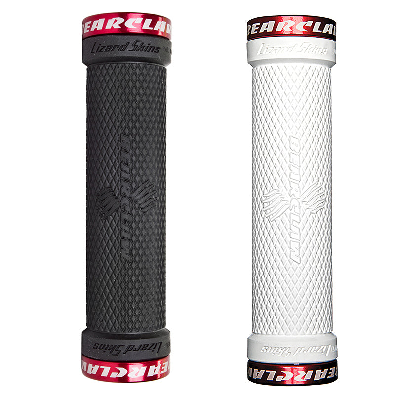 Close-up of 130 mm Lock-On Bearclaw Grips for Bikes & Scooters, featuring a textured handlebar grip, rubber tire, and a white cylinder with a logo.