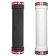 Close-up of 130 mm Lock-On Bearclaw Grips for Bikes & Scooters, featuring a textured handlebar grip, rubber tire, and a white cylinder with a logo.