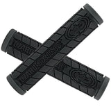 130 mm Dual Compound Logo Grips for Bikes & Scooters, featuring black handlebars and black grips, designed for off-road bikes, durable, comfortable, and includes push-in plugs.