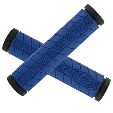 130 mm Dual Compound Logo Grips for Bikes & Scooters, featuring a durable, comfortable design with a textured surface, suitable for off-road use. Includes push-in plugs for easy installation.