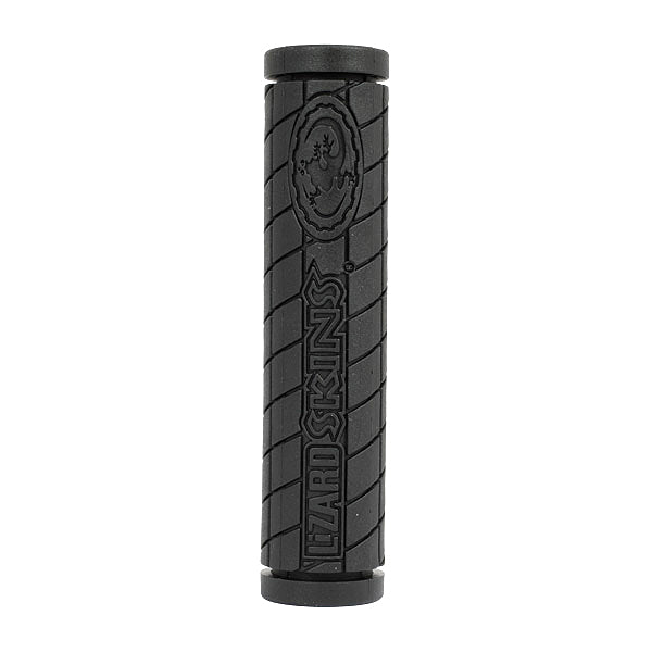 130 mm Single Compound Logo Grips for Bikes & Scooters, featuring a close-up of a black handlebar with a logo and a detailed tire. Durable, comfortable grips designed for medium-sized hands.