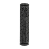 130 mm Single Compound Logo Grips for Bikes & Scooters, featuring a close-up of a black handlebar with a logo and a detailed tire. Durable, comfortable grips designed for medium-sized hands.