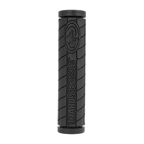 130 mm Single Compound Logo Grips for Bikes & Scooters, featuring a close-up of a black handlebar with a logo and a detailed tire. Durable, comfortable grips designed for medium-sized hands.