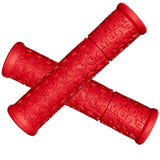 130 mm Single Compound Moab Grips for Bikes & Scooters showing a pair of red handlebars with a raised texture, designed for enhanced comfort and durability.