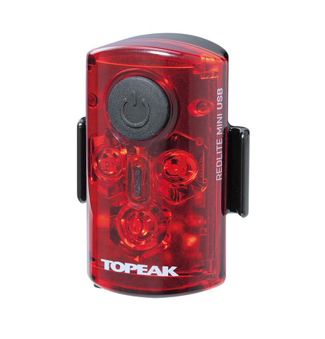 Redlite Mini USB Bicycle Taillight (Topeak) featuring a compact red and black design with a black button, equipped with three ruby red LEDs for enhanced visibility.