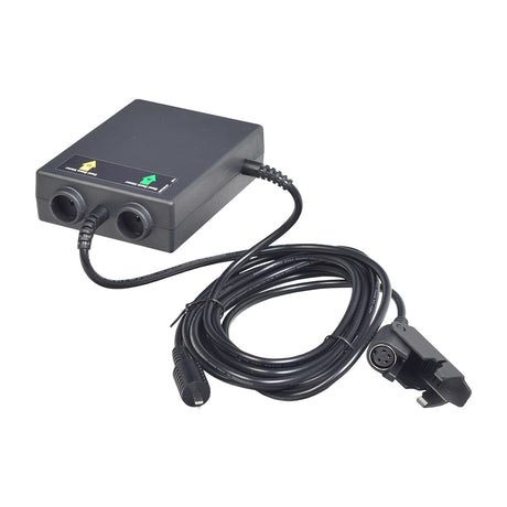 Infinite Position Motor Control Box for Pride Infinity Collection Lift Chairs, featuring a black electronic device with cables and plugs, integral for operating the 6-Button Hand Control Pendant with USB Port.