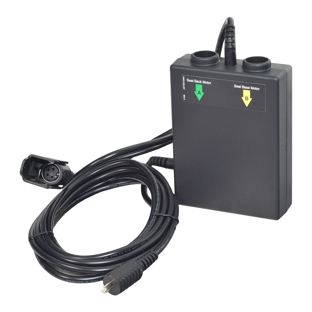 Infinite Position Motor Control Box for Pride Infinity Collection Lift Chairs (ELE132831) with attached black cable and plug, featuring a handle and a close-up view of the controls.