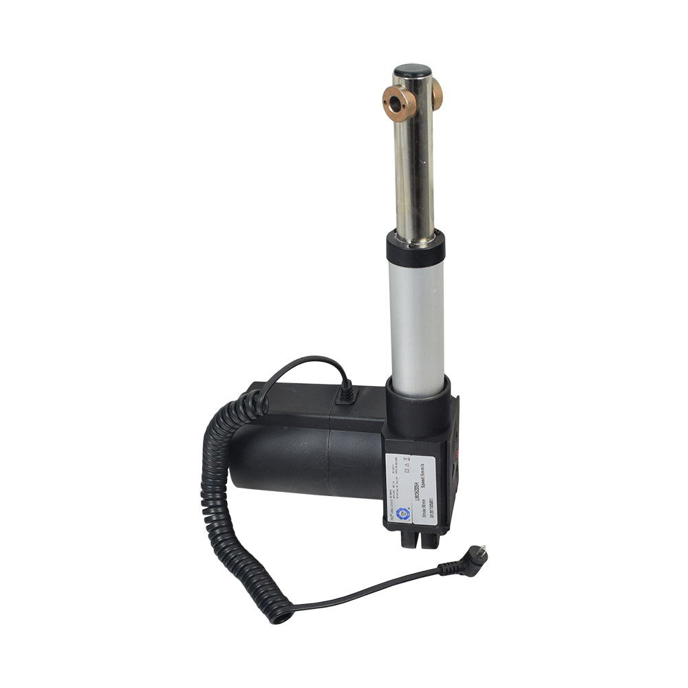 Back Motor for Pride Infinity Series Lift Chairs (DRVMOTR1362) shown with a black and silver design, featuring a cord, hose, and visible metal cylinder components.