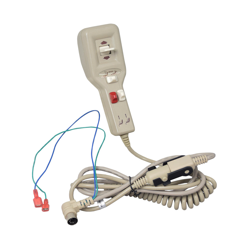 Heat and Massage Hand Control for Infinite Position Pride LL-660 Lift Chair (ELEASMB1054) featuring a grey remote with red and white buttons, accompanied by wires with red and blue connectors.