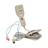 Heat and Massage Hand Control for Infinite Position Pride LL-660 Lift Chair (ELEASMB1054) featuring a grey remote with red and white buttons, accompanied by wires with red and blue connectors.