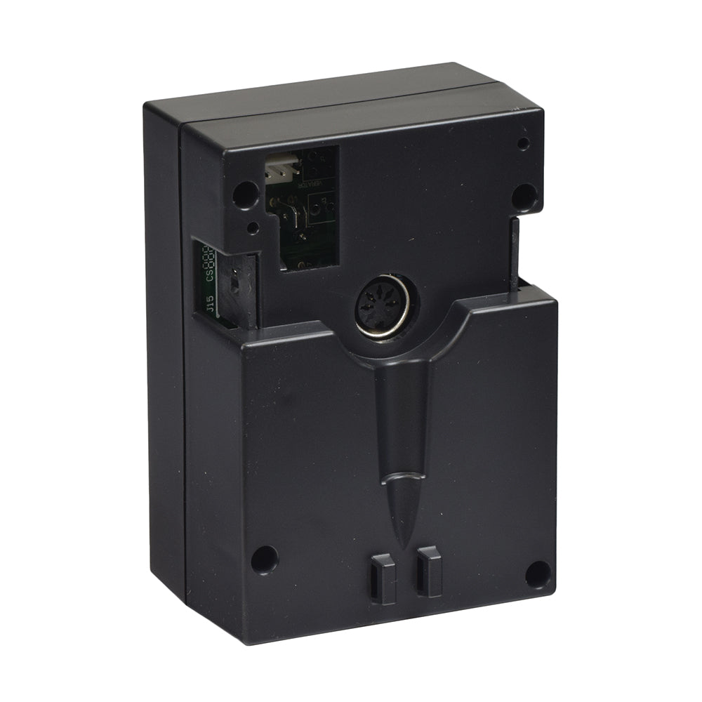 Motor Control Box for Dual Motor Pride Lift Chairs (Blemished) featuring a black rectangular shape with a central hole and minor scratches, suitable for specific Pride lift chair models.