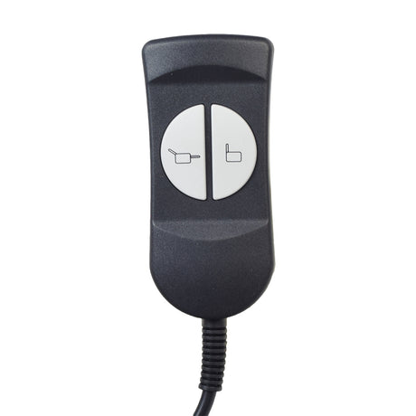 Universal Hand Control for Pride Lift Chairs, featuring a black remote with two illuminated buttons and a round 5-pin connector, attached to an approximately 6-foot cord.