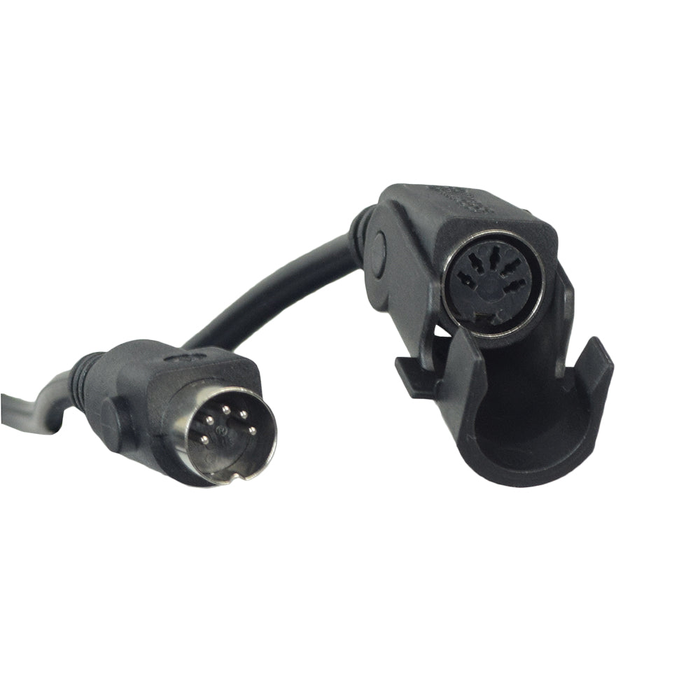 Universal Hand Control for Pride Lift Chairs with a 2-button interface and a round 5-pin connector. Close-up of the black cable with an attached plug.