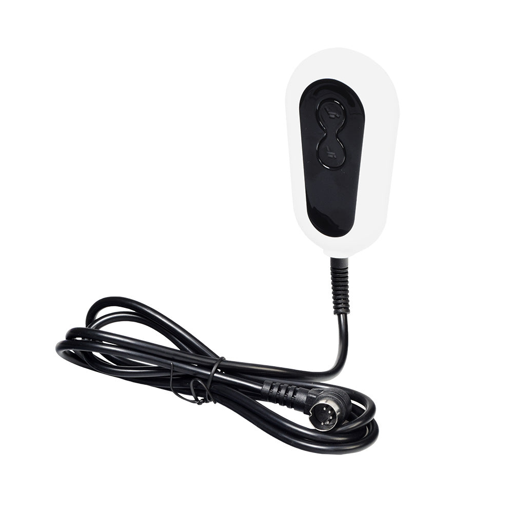 OKIN 2-Button Hand Control for Lift Chairs (JLDK-02) with a black cable and 5-pin 90-degree connector, featuring two buttons for adjusting the chair's foot platform and backrest.