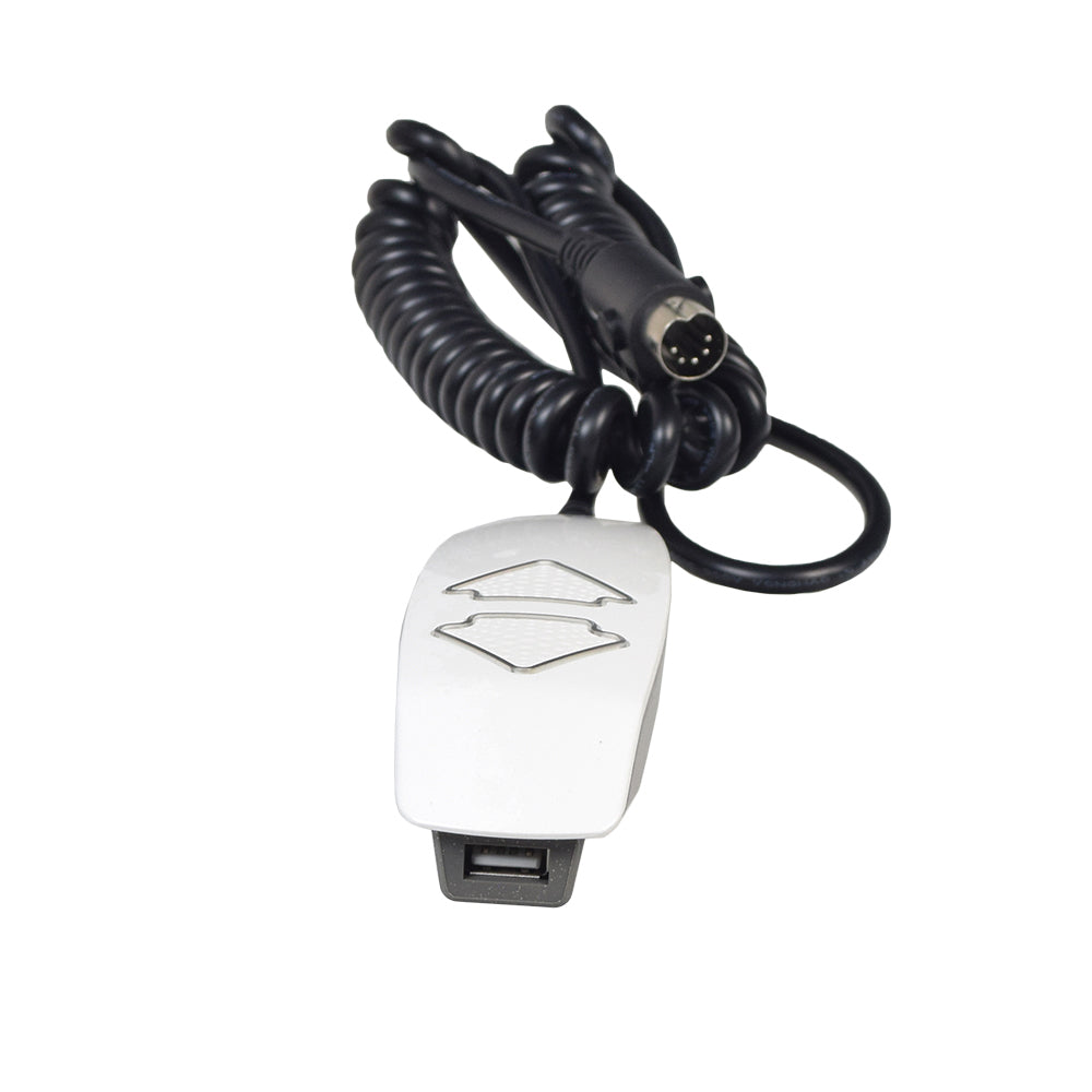 2-Button Hand Control Pendant with USB Port for Pride Lift Chairs (ELEASMB7120017) featuring a white remote with two backlit buttons, attached to a black cable with a 5-pin male connector.