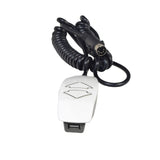 2-Button Hand Control Pendant with USB Port for Pride Lift Chairs (ELEASMB7120017) featuring a white remote with two backlit buttons, attached to a black cable with a 5-pin male connector.