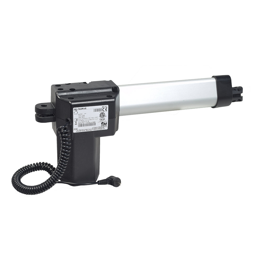 OKIN DeltaDrive 85152 Lift Motor (MOT1609899) for Pride LC525i & LC 580i Lift Chairs, featuring a black and silver linear actuator with a black cord and visible label.