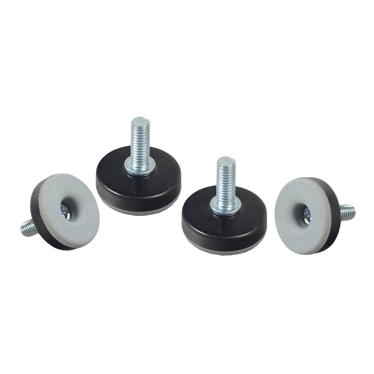 Non-Skid Leg Levelers for Pride Lift Chairs (Set of 4): A close-up of black and silver screws, bolts, and a rubber base designed for leveling and preventing sliding on unlevel floors.