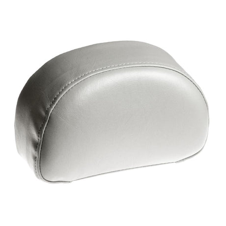 Gray Vinyl Low Profile Headrest for the Jazzy Select with the Hi-Back Fold-Flat Seat, featuring a close-up of white leather surface with visible stitching.