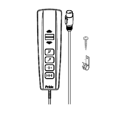 Low Voltage Deluxe Heat & Massage Hand Control for Single Motor Pride Lift Chairs (ELEASMB3884), illustrated in a detailed black and white sketch, showing buttons and interface layout for easy identification and use.