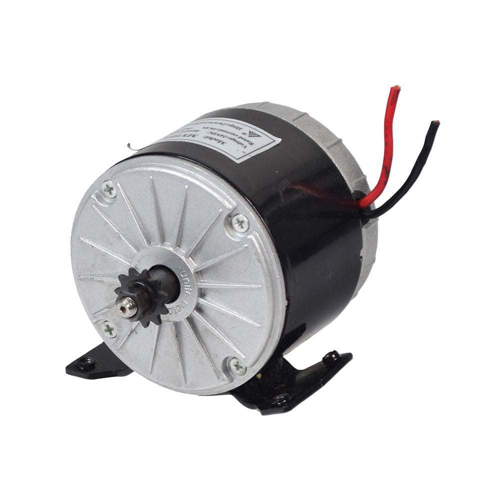 24 Volt 300 Watt MY1016 Electric Motor with 11 Tooth #25 Chain Sprocket (Blemished), featuring a small black and silver body with clipped red and black cables and a dented mounting bracket.