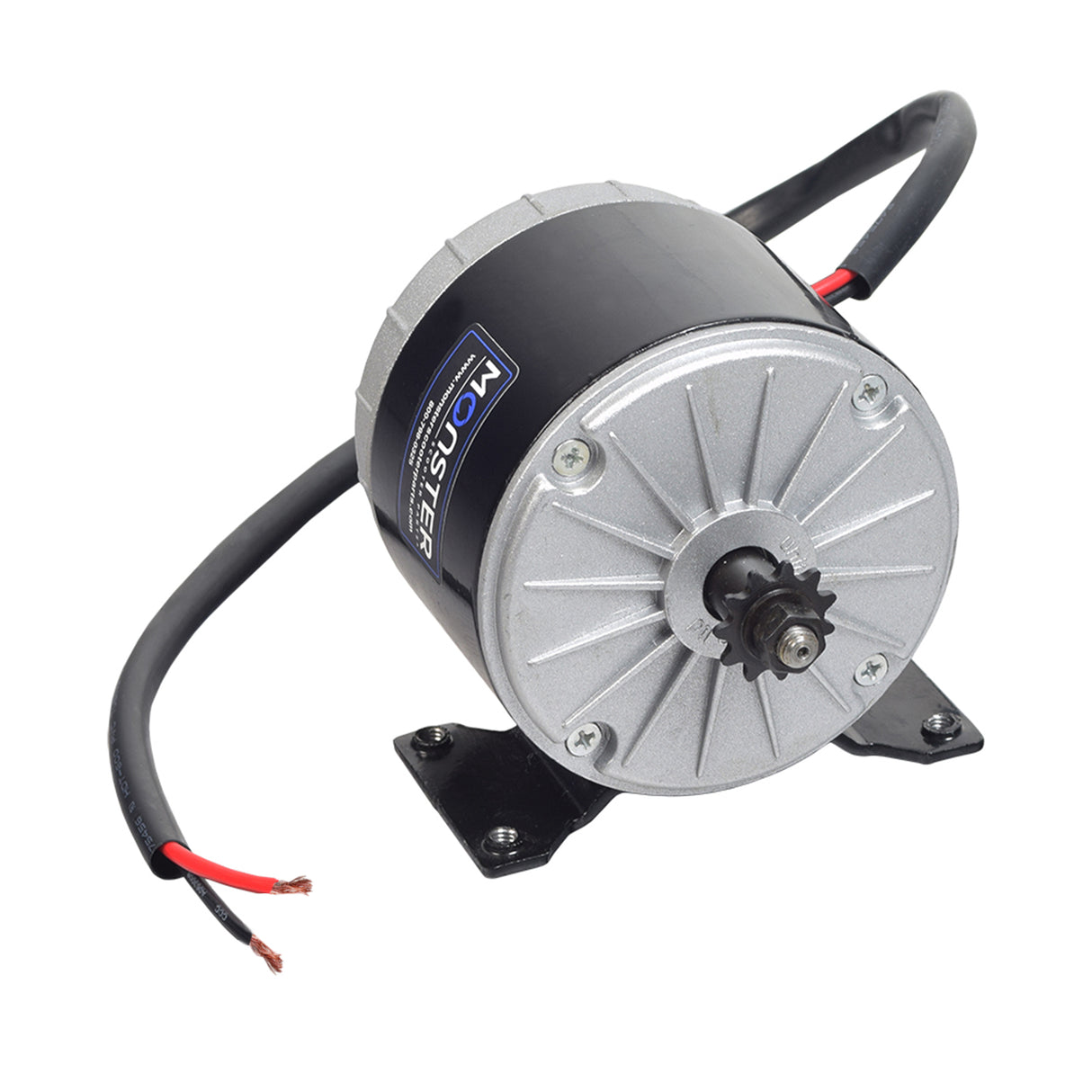 24 Volt 300 Watt Motor, Controller, & Throttle Kit featuring a small black and silver electric motor with wires, a close-up of the motor, and a three-wire hand throttle.