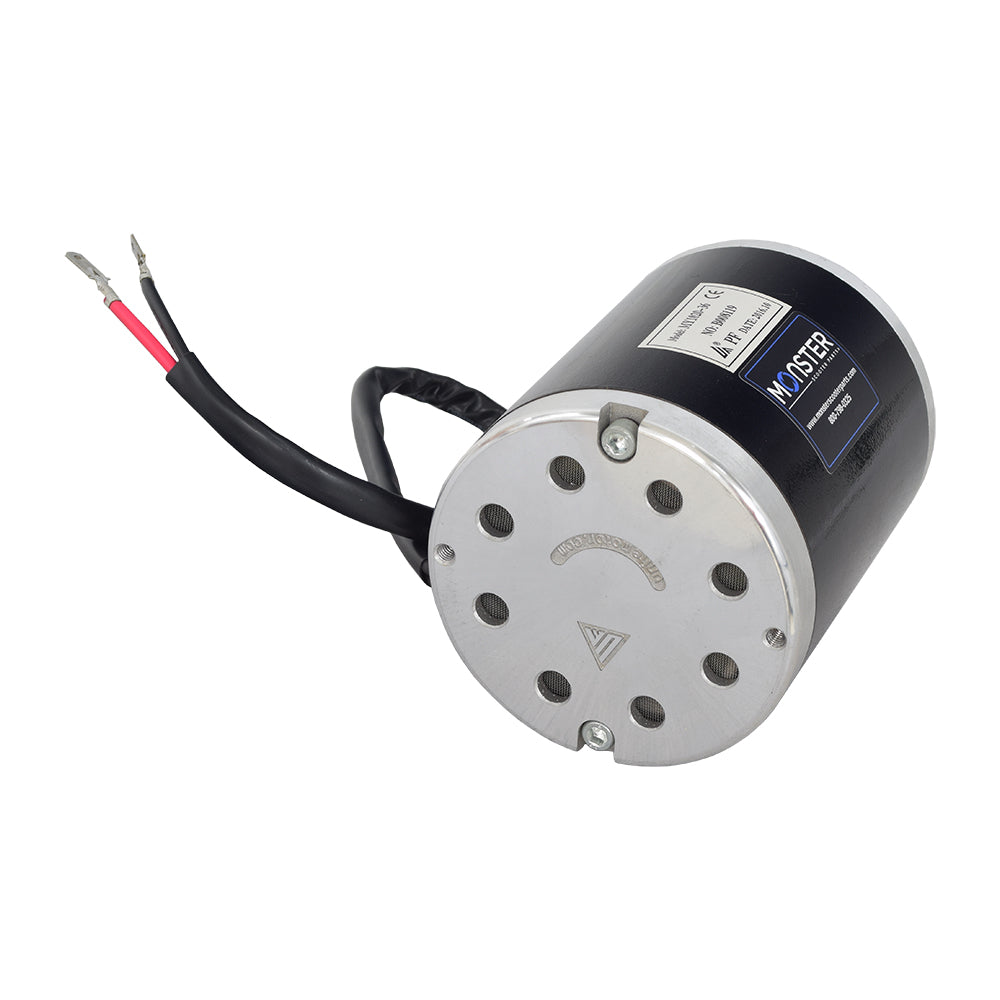 36 Volt 500 Watt Motor, Controller, & Throttle Kit for Scooters featuring a black and silver electric motor with attached wires, a circular sprocket, and two types of hand throttles.