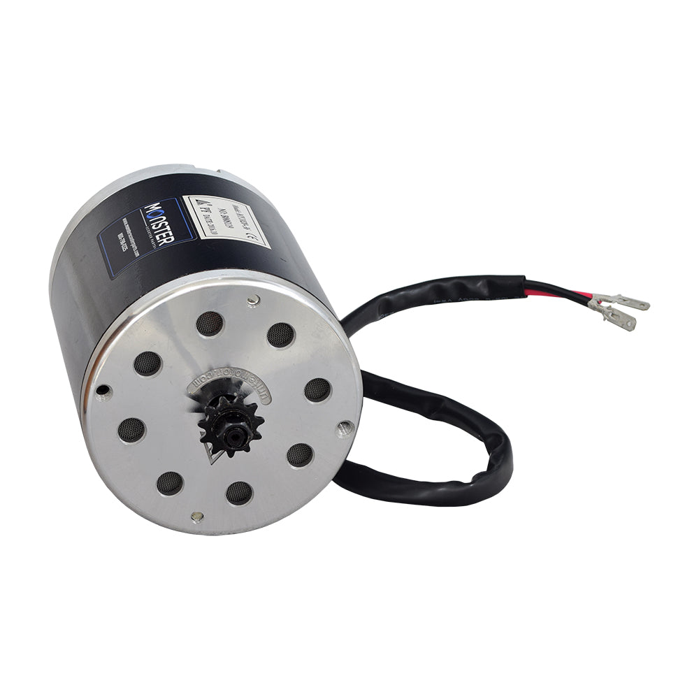 36 Volt 500 Watt Motor, Controller, & Throttle Kit for Scooters, featuring a small electric motor with wires, a black and silver circular object, and a hand throttle with three wires.