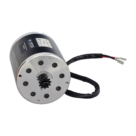 36 Volt 500 Watt Motor, Controller, & Throttle Kit for Scooters, featuring a small electric motor with wires, a black and silver circular object, and a hand throttle with three wires.