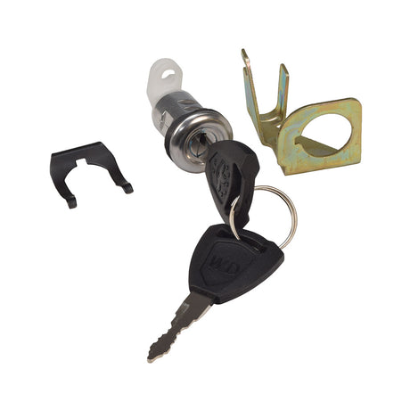 Trunk Lock Kit for Scooters, featuring a close-up of a metal lock cylinder, a keyring with two keys, and a retaining bracket, designed for securing plastic trunk boxes on scooters.