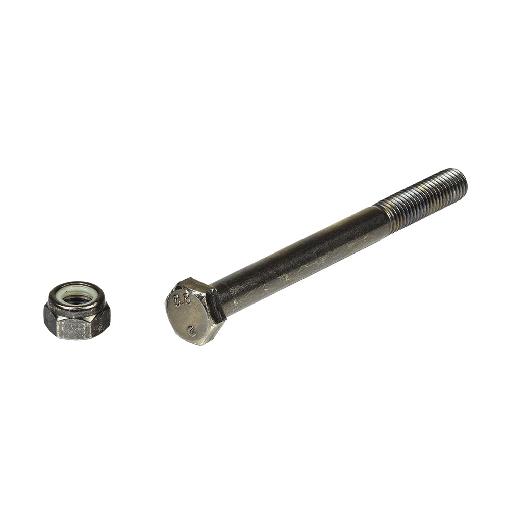 M12-1.75x130 mm Hex Head Bolt & Nut Combination (LRB402350-01) shown close-up on a white background, highlighting the metal bolt and matching nut, used in Drive Medical's Activecare Prowler 3410 suspension arm.