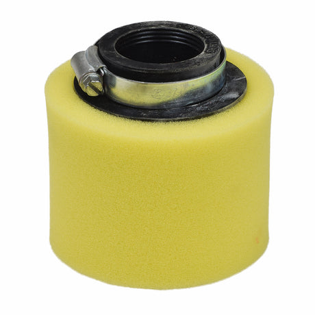 37 mm - 39 mm Straight Foam Air Filter for 125cc-150cc ATVs, Dirt Bikes, Go-Karts, & Pit Bikes featuring a yellow sponge roll with a black metal ring for snug fit.