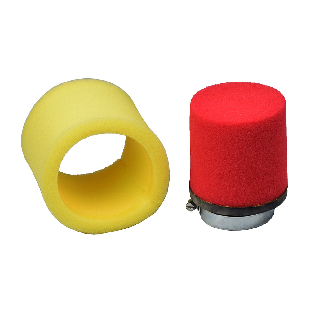 37 mm - 39 mm Straight Foam Air Filter for 125cc-150cc ATVs, Dirt Bikes, Go-Karts, & Pit Bikes shown as a cylindrical sponge filter with a hose clamp for secure attachment.