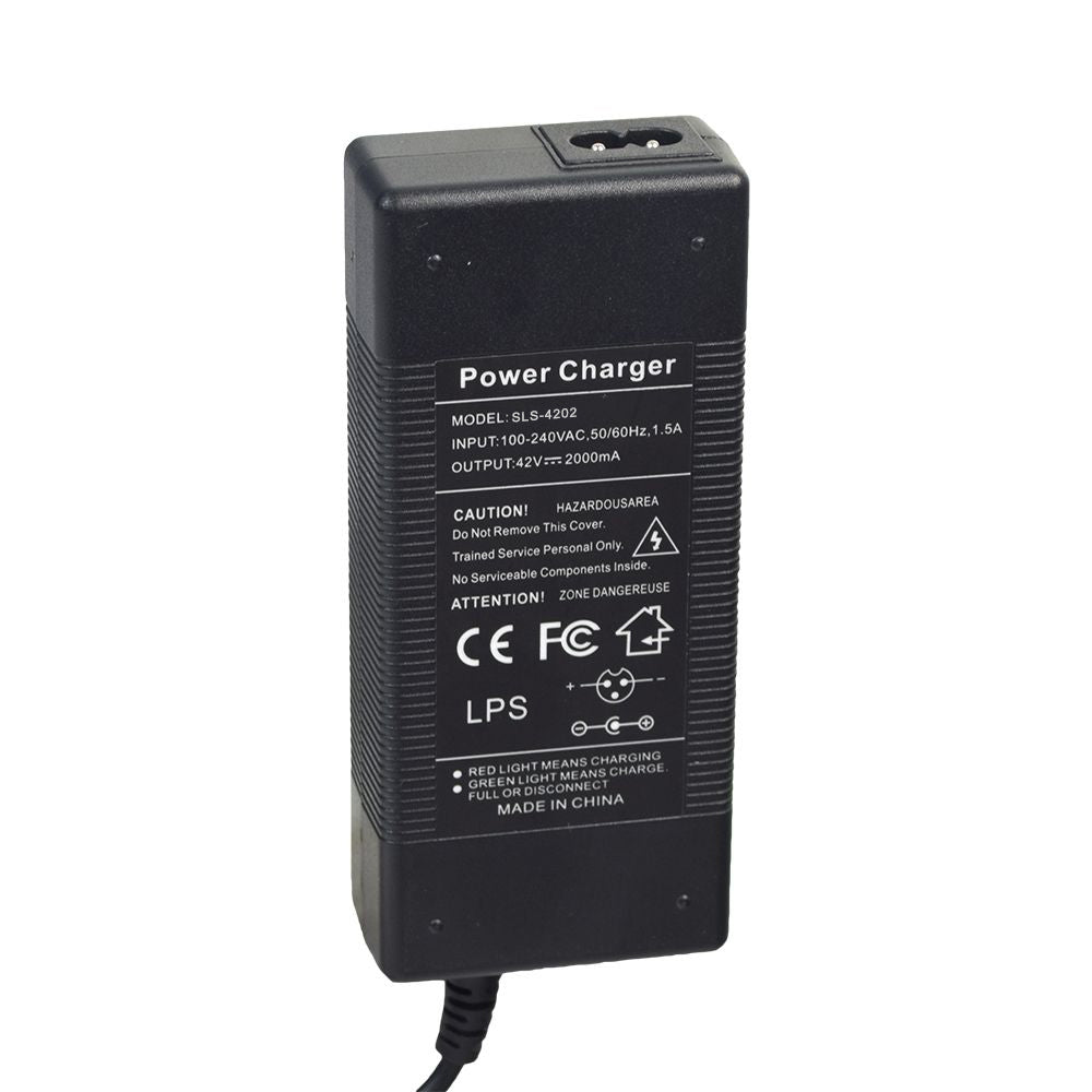 42 Volt Coaxial Battery Charger for the Ninebot ES1, ES2, ES4, & MAX G30 Electric Scooters, featuring a black charger with a cord and LED indicators for charging status.