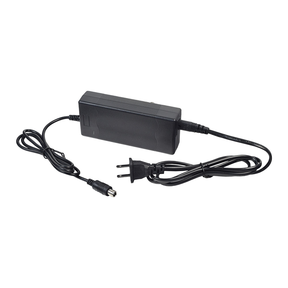 42 Volt Coaxial Battery Charger for Xiaomi Mi M365 electric scooter, featuring a black power cord with a plug and a rectangular charger body with a metal handle, suitable for Bird, Lyft, and Spin scooters.