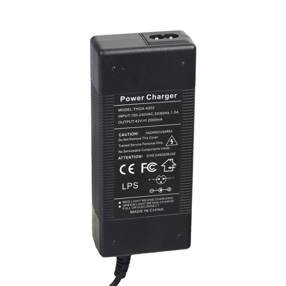 42 Volt Coaxial Battery Charger for the AOVOPRO ES80 350W Electric Scooter shown with a black rectangular body, white text, a connected cord, and LED indicators.