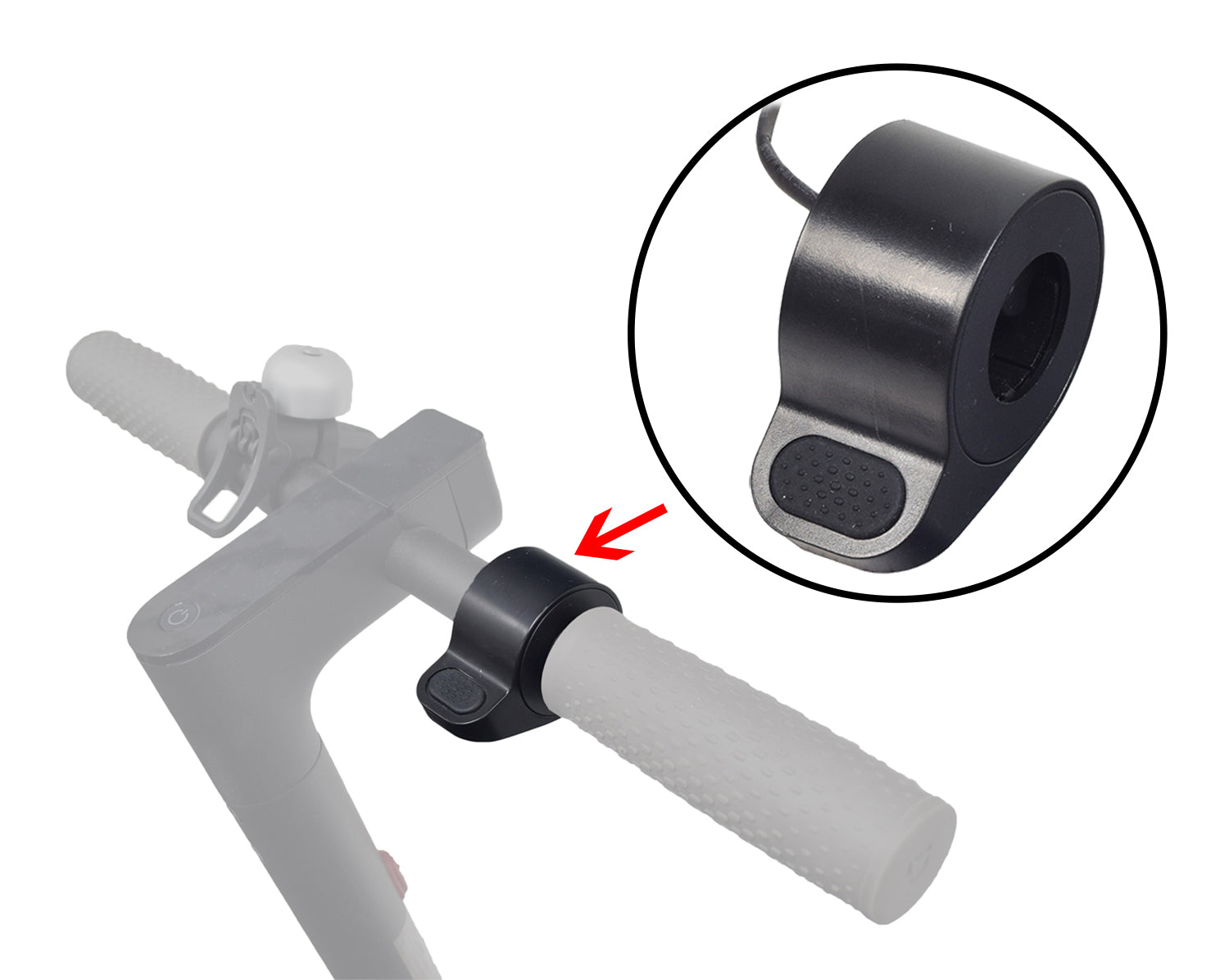 Thumb Throttle for the Xiaomi Mi M365 Scooter shown in close-up, highlighting the handlebar with a white handle, attached cable, and silicone thumb pad for enhanced grip and safety.