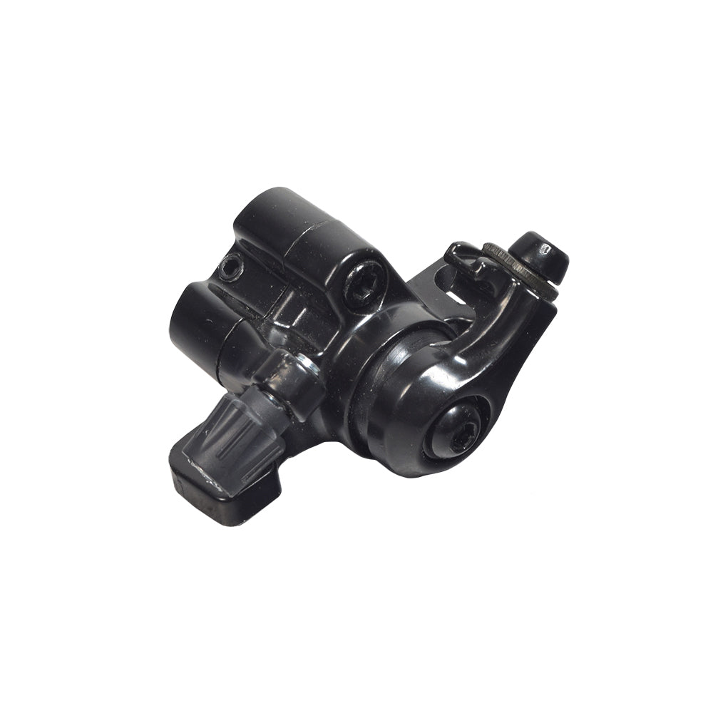 Brake Caliper for the Xiaomi Mi M365 electric scooter, black mechanical device with a black handle, designed for the rear wheel's disc, ensuring smooth stops and easy installation with two mounting bolts.