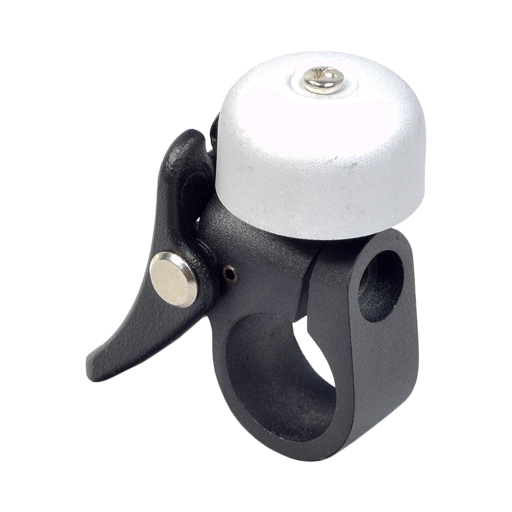 Handlebar Bell for the Xiaomi Mi M365, featuring a black and silver design with a white cap and silver screw, integral to the scooter's handlebar fold and lock-down system.