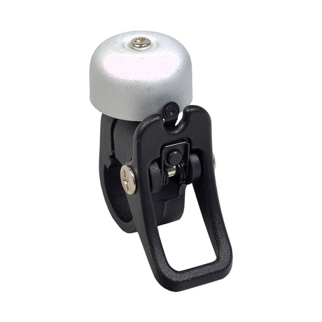 Handlebar Bell for the Xiaomi Mi M365, showing a sleek silver and black design, mounted on a scooter handlebar. Essential for safety, it integrates with the handlebar fold and lock-down system.