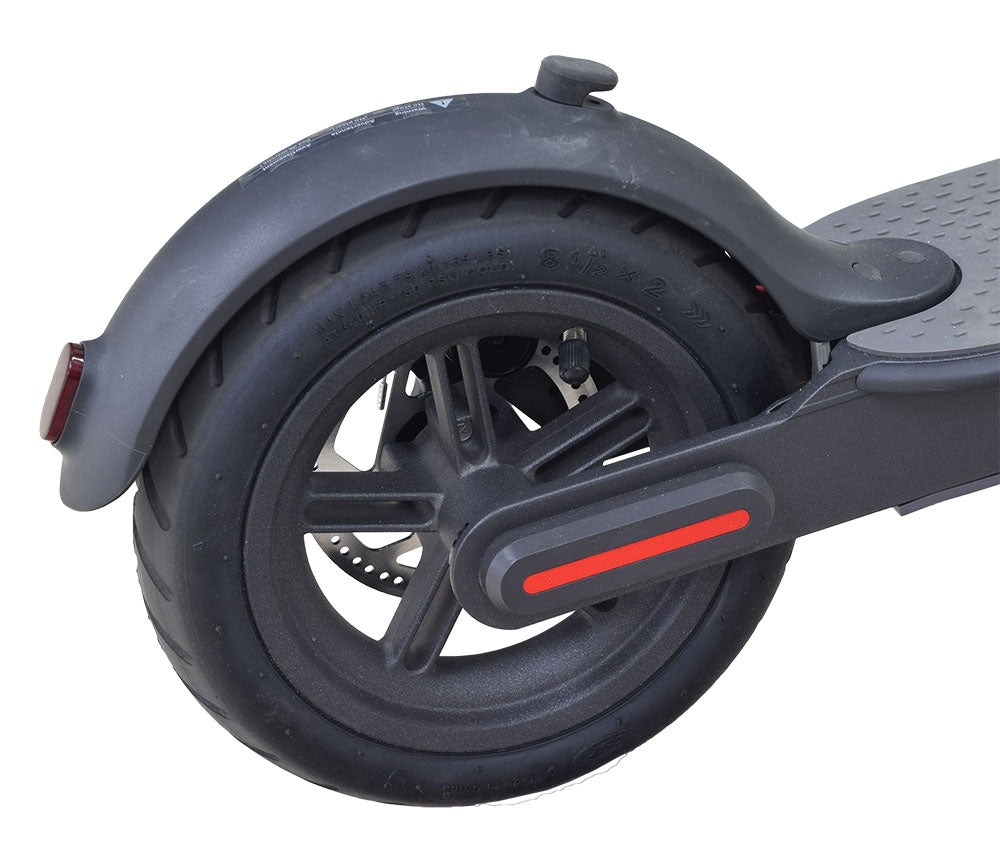 Close-up of the Red Reflective Sticker Set for the AOVOPRO ES80 350W Electric Scooter, showcasing the U-shaped reflector on the front fork, enhancing visibility in low-light conditions.