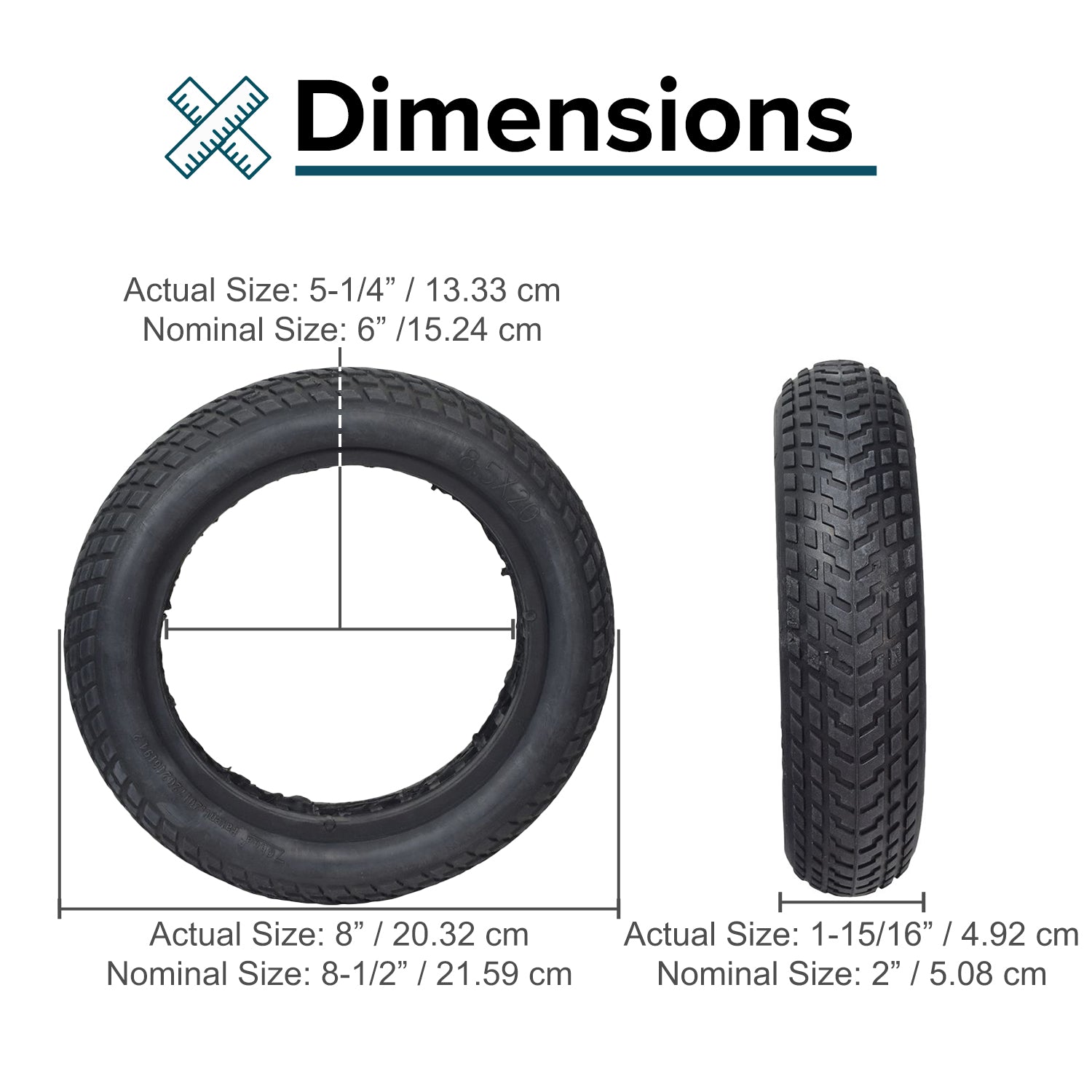 8-1/2x 2 Shock Absorber Solid Tire for AOVOPRO ES80 350W Electric Scooter, featuring a black rubber exterior with visible tread patterns and measurements engraved on the side.